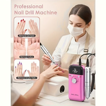Nail Drill Machine 45000RPM Forward Reverse Rotation Rechargeable with LCD Display Low Noise Electric Nail File for Gel Polish Removal Acrylic Nails Manicure Pedicure Home Salon White Pink Black Purple