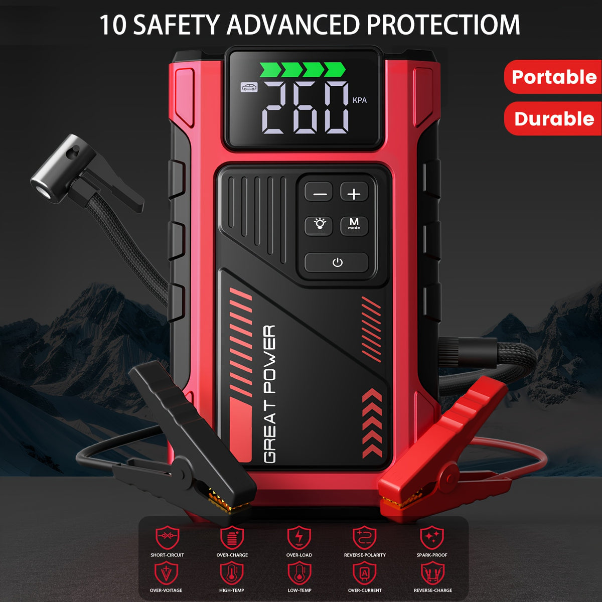 9-in-1 Portable Jump Starter with Air Compressor, 12V Car Battery Jump Starter, Portable Car Battery Charger, Fits 2.11gal Gas/ 1.72gal Diesel Fast Car Starting, USB Input & Output, LED Emergency Light, Auto Accessory Tool, Christmas Gift
