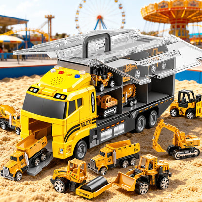 13-in-1 Construction Truck Vehicle Toy Set with Die-Cast Metal Cars & Play Mat – Transport Carrier Playset for Toddlers & Kids Ages 3+ STEM Learning Gift Boys Girls