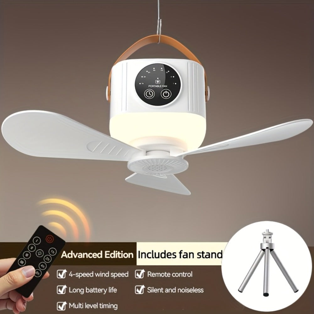 Camping Fan with Light & USB Rechargeable | Portable Outdoor Tent Fan with Tripod Stand, Detachable Blades, Adjustable Speed & Brightness for Camping, Bedroom, Dormitory & Travel Use – Silent Operation