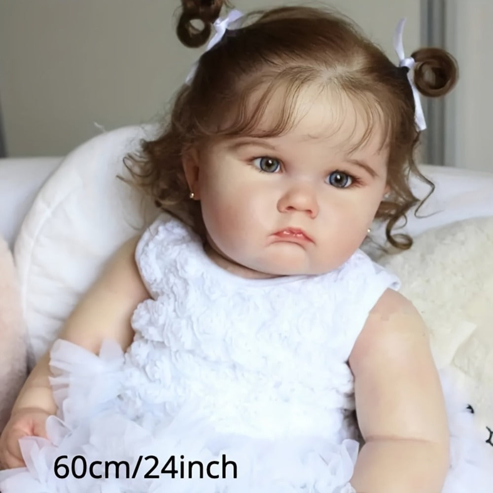 3D Painted Skin Reborn Baby Doll 24 Inch 60CM Cloth Body Vinyl Limbs – Hand-Rooted Hair, Acrylic Eyes, Lifelike Newborn Girl Gift Set with Outfit Pacifier Bottle Ear Studs for Kids Ages 3+ & Collectors