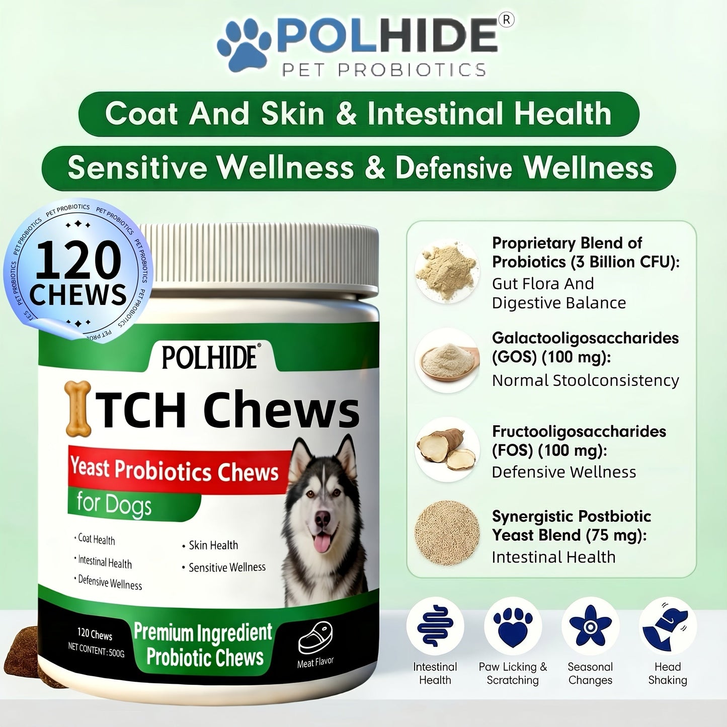 Dog Probiotic Chews 120 Count Heart-Shaped Soft Chews with Yeast & Meat Flavor | Supports Gut Health Coat & Immunity | All Breeds All Ages | 120-Day Supply Pet Digestive Supplement Daily Wellness Chew