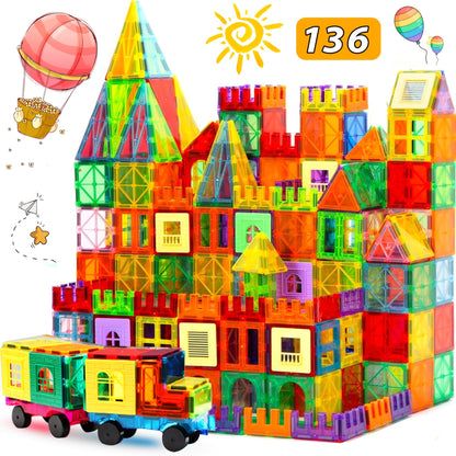 Magnetic Tiles for Kids 80/106/136pcs with 2 Cars – STEM Magnetic Building Blocks Construction Toy Set, Crystal Clear ABS, Sensory Learning Toy for Boys Girls Ages 3 4 5 6 7 8 9+, Birthday Christmas Gift