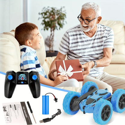 RC Stunt Car Double Sided 360 Degree Flip Remote Control Car with LED Headlights & 1400mAh Rechargeable Battery – 2.4GHz Rotating Drift Trick Car for Kids Ages 6+, Birthday Christmas Gift Boys Girls Blue Pink Orange