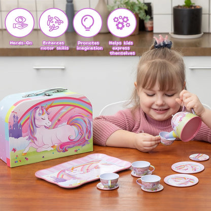 Unicorn Tea Party Set for Girls – Pretend Play Pink Tin Teapot with Cups, Plates & Carrying Case, Magical Rainbow Design, Birthday Christmas Gift for Kids Ages 3+