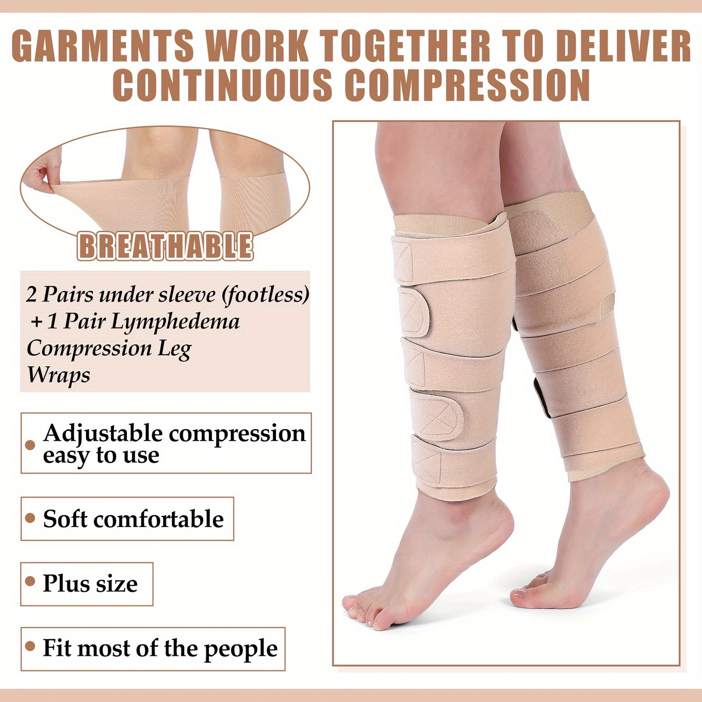 Compression Leg Wraps 3 Pairs - Adjustable Lower Leg Wrap for Lymphedema, Shin Splints & Calf Support, Breathable Non-Slip Compression Bandage for Men Women, Swelling Relief Leg Sleeve Wrap Set