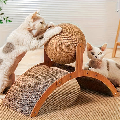 Cat Scratching Ball & Post 2-in-1 with Hanging Ball Toy - Extra Tall Sisal Cat Scratcher for Claw Sharpening, Heavy-Duty Scratching Pad for Kittens & Cats, Self-Adhesive Base, 6.69x14.57x11in