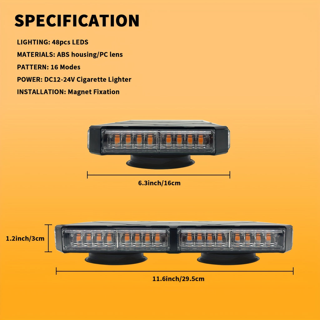 1pc 48 LED Beacon Light Bar Rooftop Safety Plow Light for Construction Vehicles Work Trucks Cars - Amber White