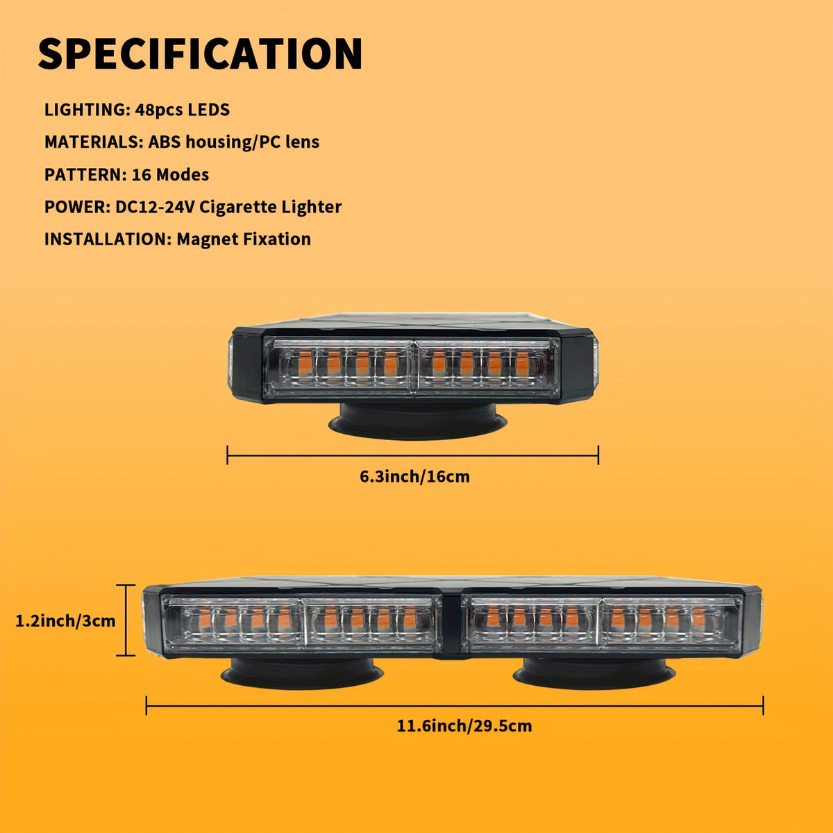 1pc 48 LED Beacon Light Bar Rooftop Safety Plow Light for Construction Vehicles Work Trucks Cars - Amber White
