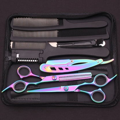 Hair Cutting Scissors Set - Japan Stainless Steel Barber Shears with Thinning Scissors & Razor Comb, Professional Salon Kit for Women Men Home Haircut, Purple Rainbow Blue