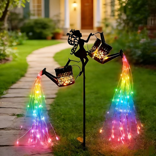 Solar Garden Light - Outdoor Fairy Statue Lamp with Rainbow Waterfall String Lights & Rose Lantern Multicolor LED Decor