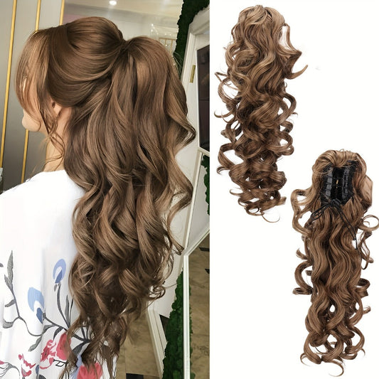 Scroll Curl Claw Clip Ponytail Extension Gradient Color 16 Inch | Synthetic Heat Resistant Hairpiece 5 Colors Linen Brown Golden Grey for Women Daily Wear & Special Occasions
