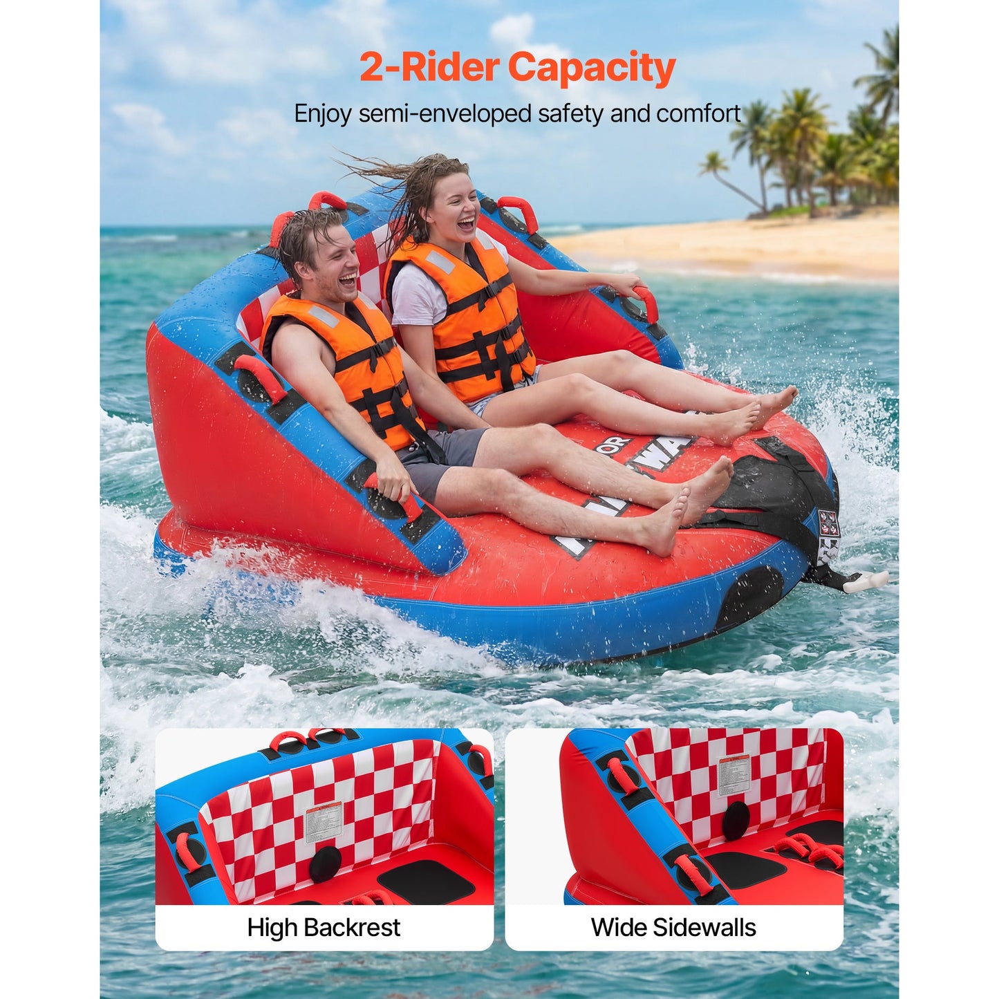 Towable Tube for Boating 2-Person – 340 lbs Inflatable D-Shape Boat Tube with Full Nylon Cover, Dual Tow Points, 10 Padded Handles & 2 Boarding Straps for Lake & River Water Sports