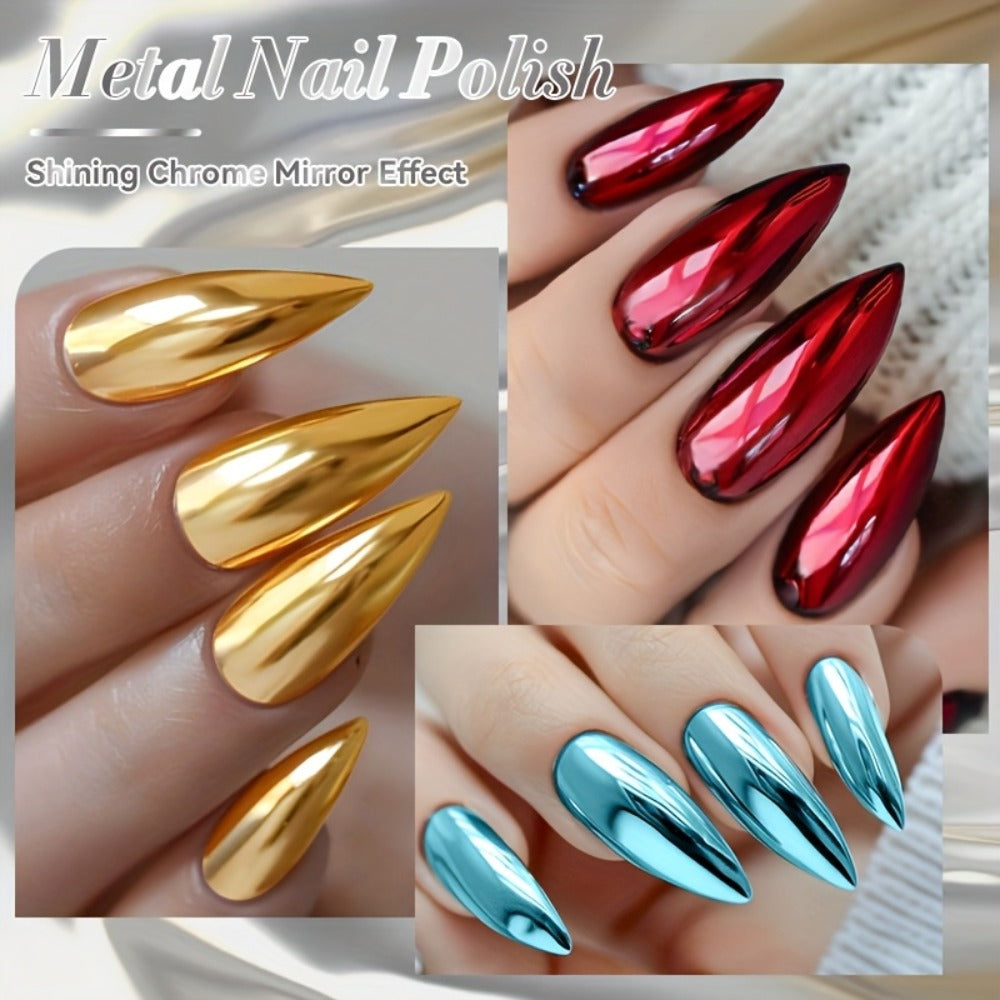 Quick-Dry Metallic Nail Polish Set 8 Colors - Super Bright Mirror Finish No UV Lamp Needed Regular Nail Polish, French Style Glass Bottle Nail Art Kit for Women Girls