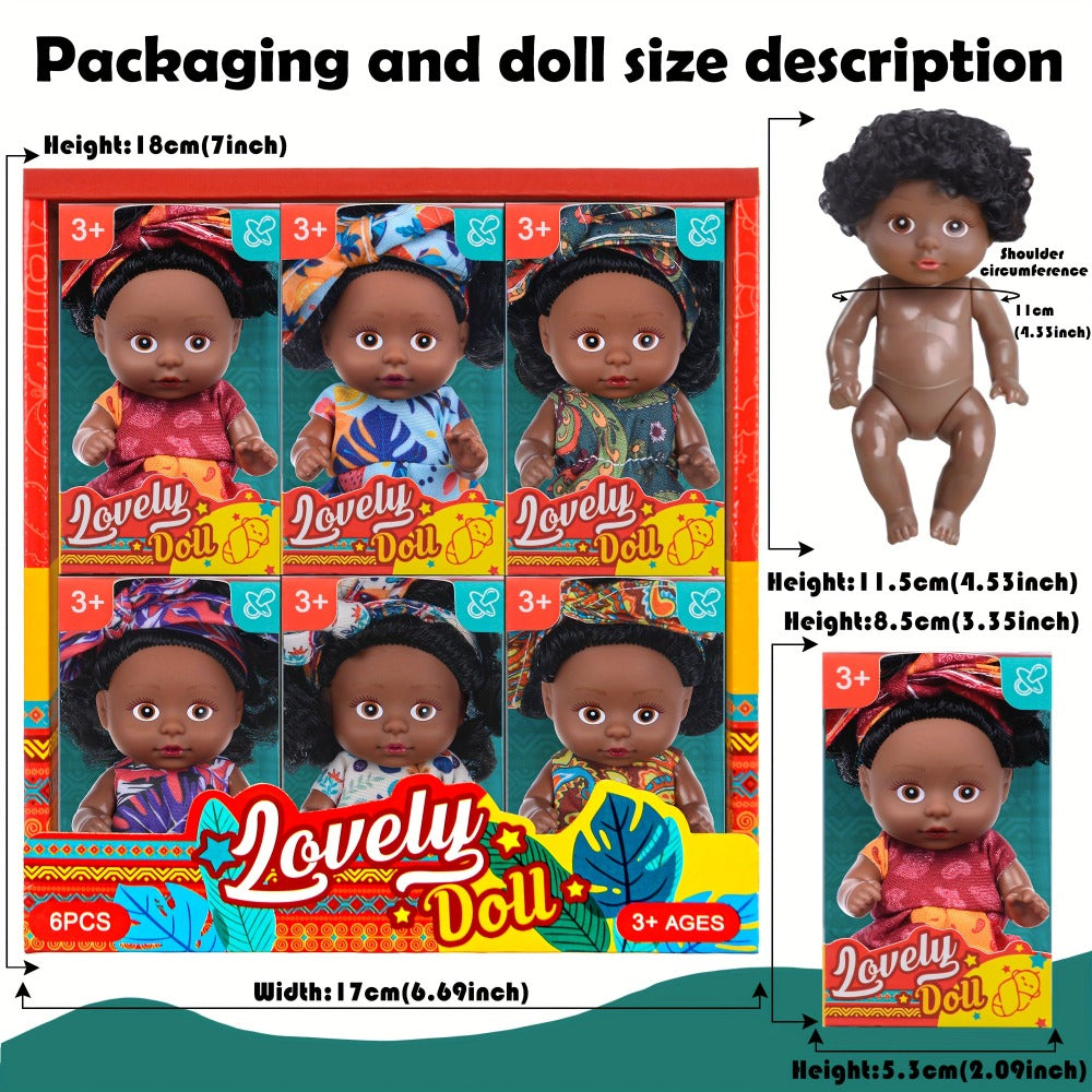 Miniature Girl Doll Set 6 Pcs 4 Inch Articulated Arms & Legs – Colorful Outfits Printed Headscarf, Adorable Collectible Mini Fashion Dolls, Christmas New Year Birthday Gift for Kids Girls Ages 3+