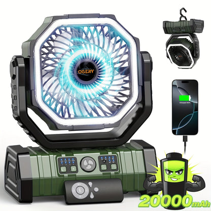 20000mAh Portable Camping Fan with LED Lantern – Rechargeable, 4-Speed, Oscillating, Remote & Timer Control | Tent, Travel, RV, Emergency & Bedroom Use