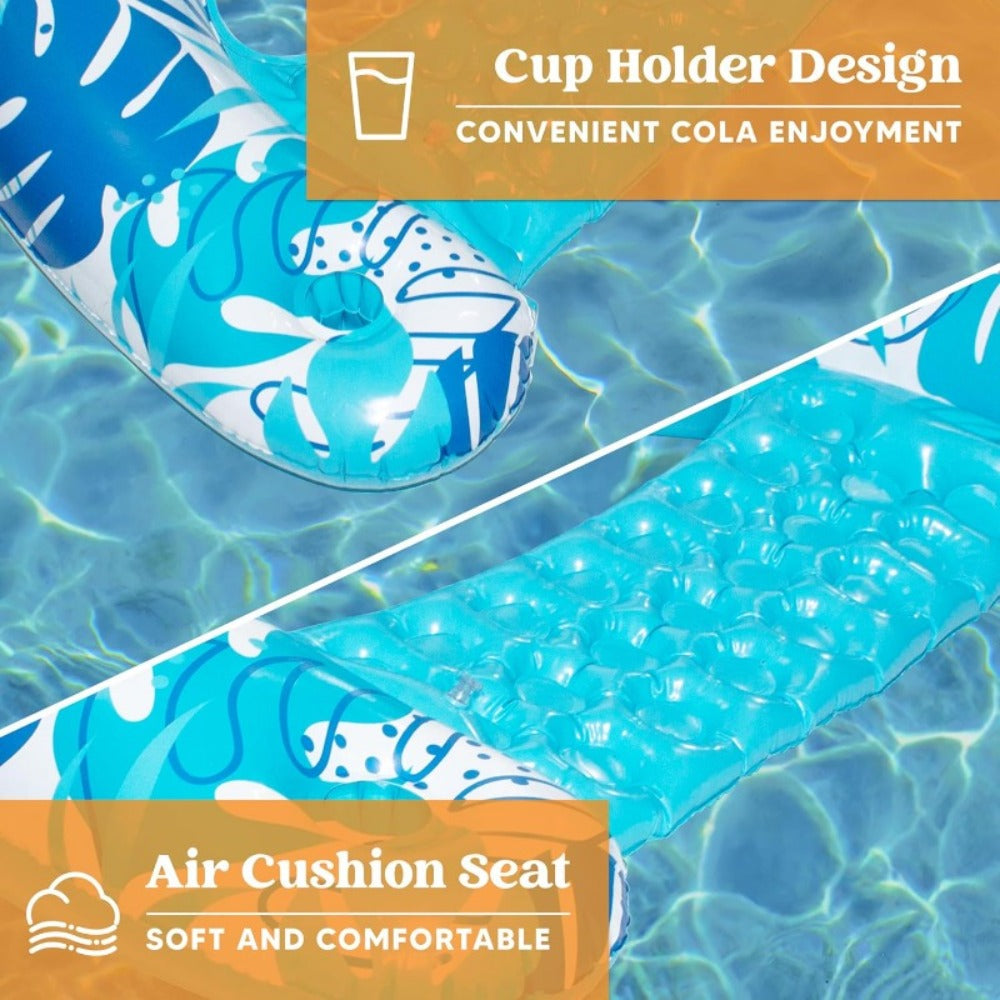 Inflatable Pool Chair 2-Pack for Adults – Leaf Print Blow Up Floating Chairs with Cup Holders & Water Balloons, Hammock Noodle Mat Float Set for Pool Beach Lake, Summer Party Gift (Blue & Pink)