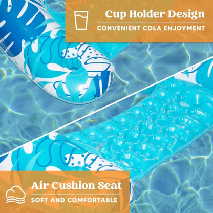 Inflatable Pool Chair 2-Pack for Adults – Leaf Print Blow Up Floating Chairs with Cup Holders & Water Balloons, Hammock Noodle Mat Float Set for Pool Beach Lake, Summer Party Gift (Blue & Pink)