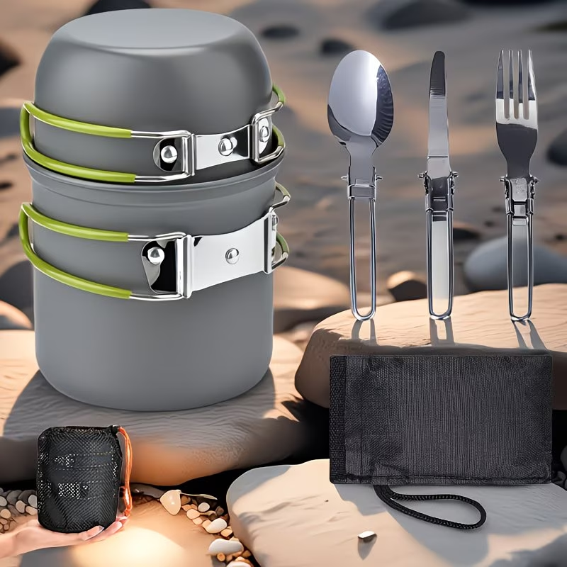 Portable Camping Cookware Set with Double Pot & Utensils - Lightweight Open Fire Cooking Kit with Forks Knives Spoons, Compact Space-Saving Iron Cookware for Outdoor Camping Picnic Travel Adventures
