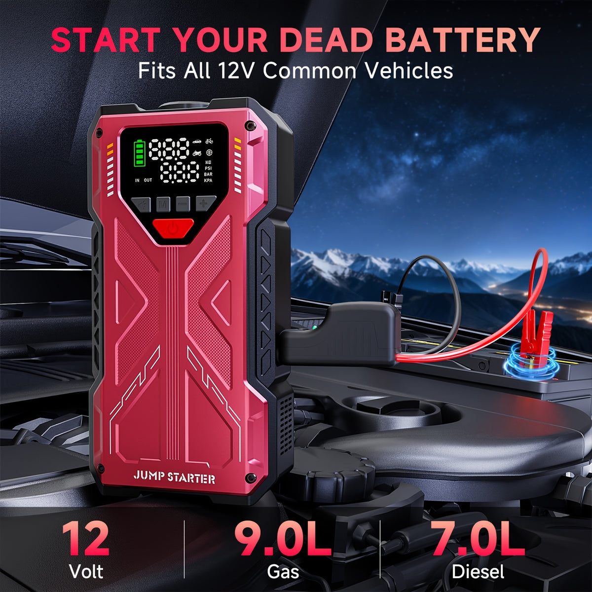 7-in-1 Portable Jump Starter With Air Compressor150PSI Digital Air Compressor, 12V Battery Booster For 2.38gal Gas/1.98gal Diesel Engines, Portable Car Jump Starter With Air Compressor, Fast Charge USB Ports & LED Emergency Light, Christmas Gifts