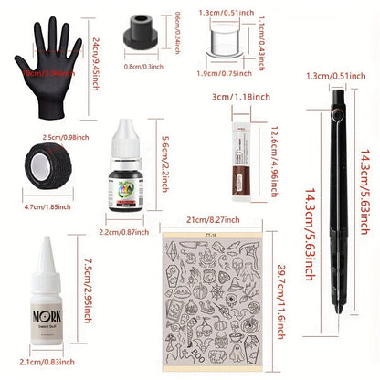 DIY Tattoo Kit for Beginners No Electricity No Drawing – A4 Transfer Paper with Patterns Stylus Ink Pen Needles Black & Red Ink Transfer Gel Complete Stick and Poke Home Tattoo Supplies Set