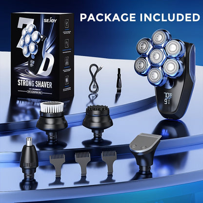 7D Head Shaver Bald Men 5-in-1 Waterproof Wet Dry Electric Razor – Type-C Rechargeable 6500-7500RPM Rotary Grooming Kit with Nose Hair Trimmer for Home & Travel, Perfect Gift for Men