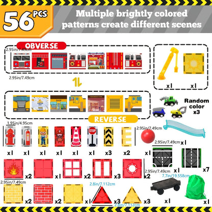 Magnetic Tiles Firefighting Theme Building Set for Kids – Fire Truck Fire Station Roads Crane & Car Toys, STEM Educational Magnetic Blocks for Boys Ages 3 4 5 6, Birthday Gift for Young Builders
