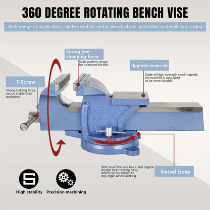 Bench Vise 5-Inch 360-Degree Swivel Base – Heavy-Duty Cast Iron Tabletop Vise with Pipe Jaws & Anvil, Locking Mechanics Clamp for Woodworking, Metalworking, Soldering & DIY
