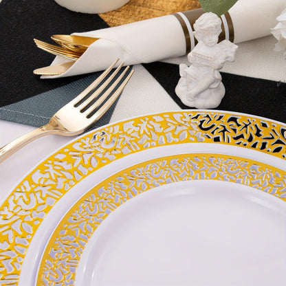 Gold Disposable Dinnerware Set for 50 Guests 350pcs – Includes Dinner Plates, Dessert Plates, 9oz Cups with Gold Rim, Pre-Rolled Napkins & Gold Cutlery | Perfect for Wedding, Party & Holiday Celebration