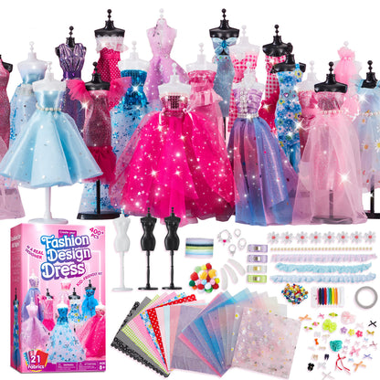 Fashion Design Kit for Girls 400+ Pieces – 3 Mannequins 21 Fabrics Ribbons Trims No-Sew DIY Dress Up Craft Set, Birthday Gift for Aspiring Designers Ages 8 9 10 11 12