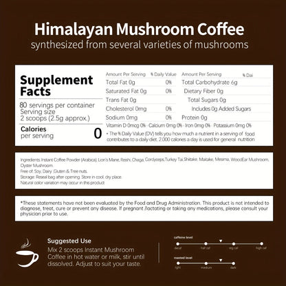 Instant Mushroom Coffee Powder 7oz with Lion's Mane Chaga Reishi Cordyceps Turkey Tail Arabica | 10 Superfood Blend for Focus Clean Energy & Immune Support | No Jitters Gluten-Free Soy-Free Dairy-Free