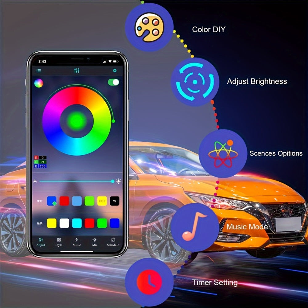 RGB Car Interior LED Strip Lights 16 Million Colors App & Remote Control Music Sync Fiber Optic Ambient Light Bar USB 5V for Car Dashboard Door Decoration, 196" & 5-in-1 Kit Options