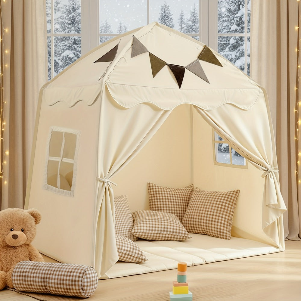 Play Tent for Kids Extra Large – Portable Foldable Teepee Indoor Outdoor Dome Playhouse with Flags, Bed Canopy Reading Nook for Boys Girls, Beige Pink Green Brown Cream 51–59 Inch