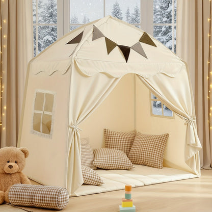 Play Tent for Kids Extra Large – Portable Foldable Teepee Indoor Outdoor Dome Playhouse with Flags, Bed Canopy Reading Nook for Boys Girls, Beige Pink Green Brown Cream 51–59 Inch