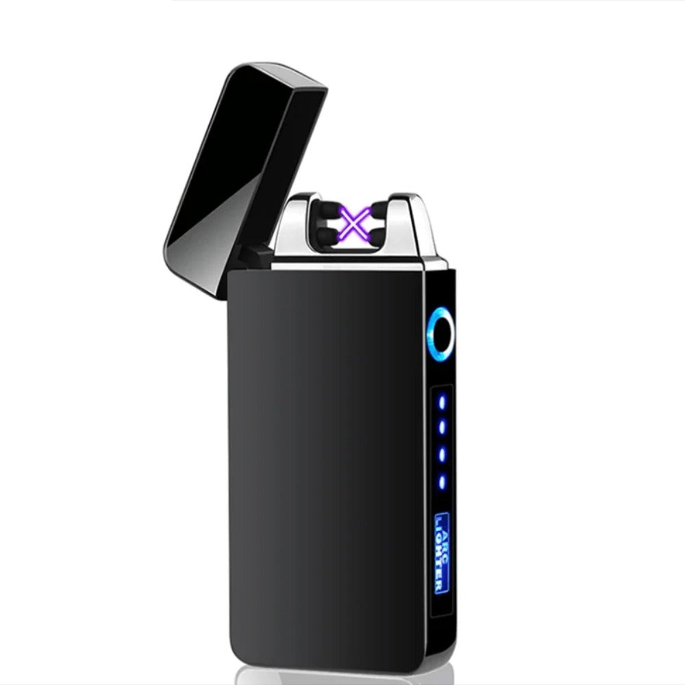 USB Electric Lighter Dual Arc Plasma – Windproof Flameless Rechargeable Lighter with LED Power Display, Touch Sensor, Metal Body, Ideal for Outdoor Camping Candles Holiday Gift (No Battery Required)