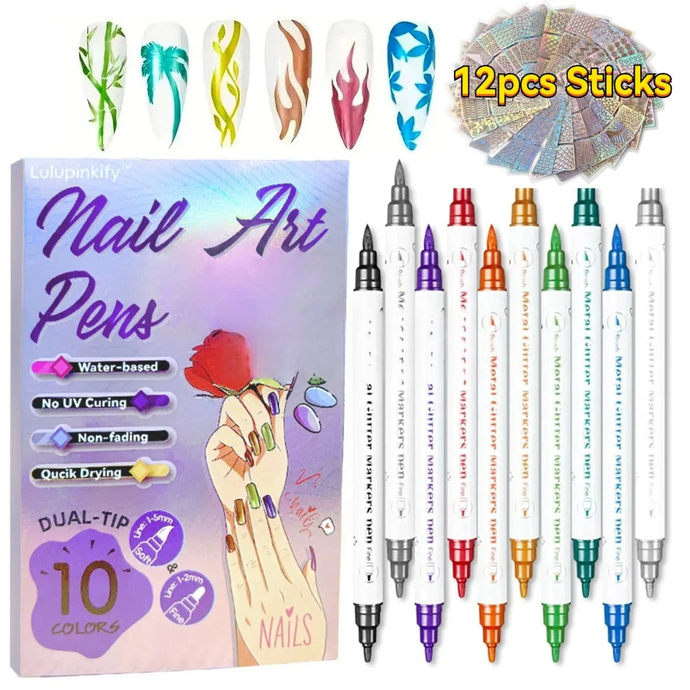 Nail Art Pens Set 10 Metallic Colors with 12pcs Nail Stickers - Dual-Headed 3D Acrylic Polish Markers for Doodle Dot Line Stitching Graffiti Designs, Home Salon Gift for Women Girls