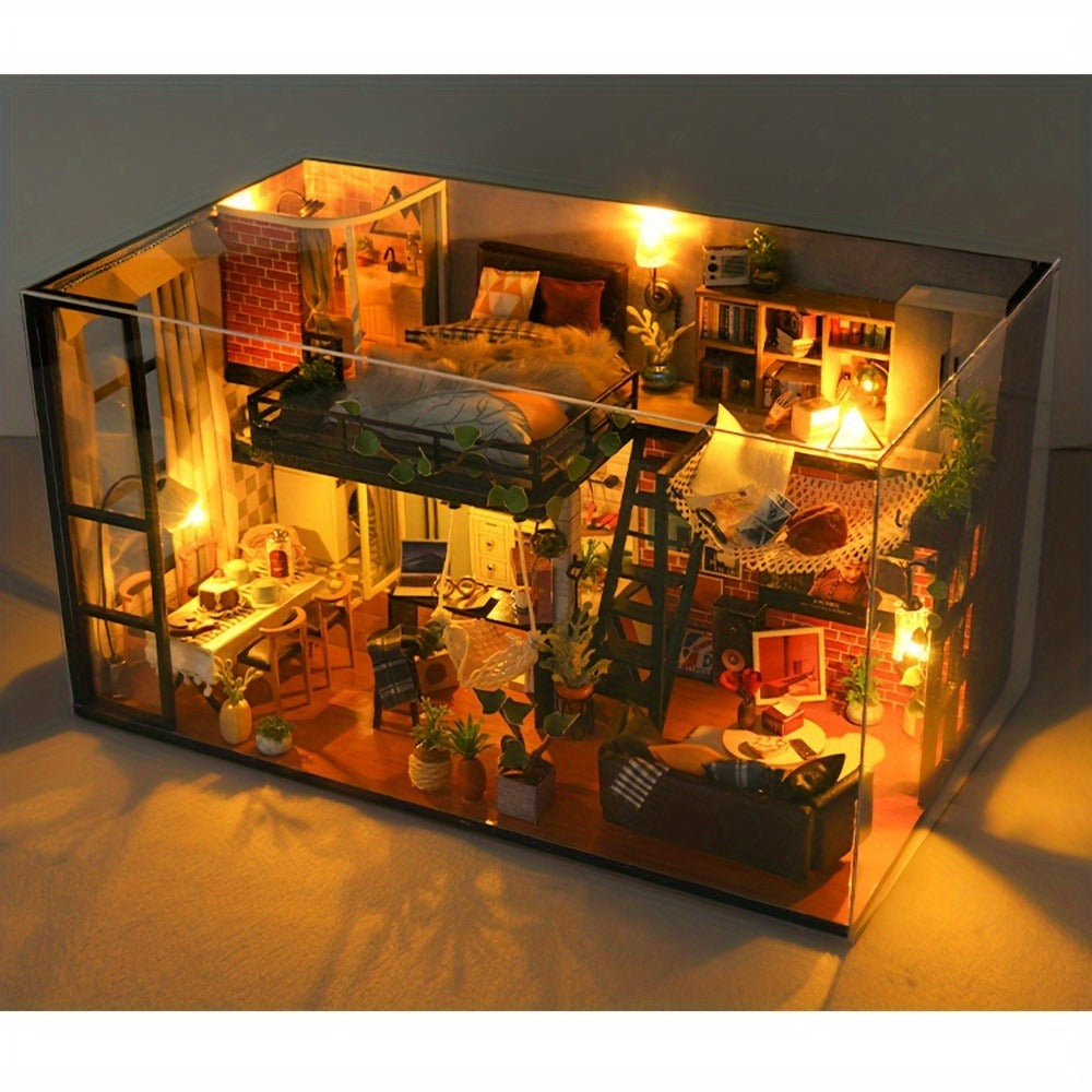 DIY Dollhouse Kit 2 Story with Dust Cover – Handmade Miniature House Model with Furniture Parts, No Glue No Batteries, Creative Build & Display Toy, Christmas Birthday Gift for Girls Teens & Adults