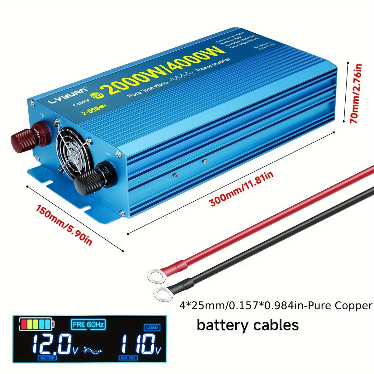 LVYUAN Car Power Inverter 2000W(Peak)1000W 12V to 110V DC to AC with 4 US Sockets, LCD Display, USB Ports for Car, Home, Outdoor, Camping Red