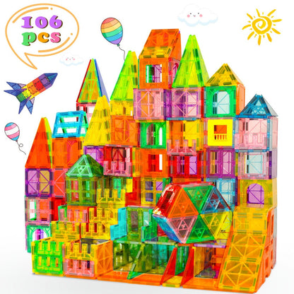 Magnetic Tiles Building Set for Kids 3 4 5 6 7 8 – 80 106 136 205pcs Clear 3D Magnet Building Blocks STEM Educational Toy Child-Safe ABS Creative Birthday Christmas Gift Boys Girls