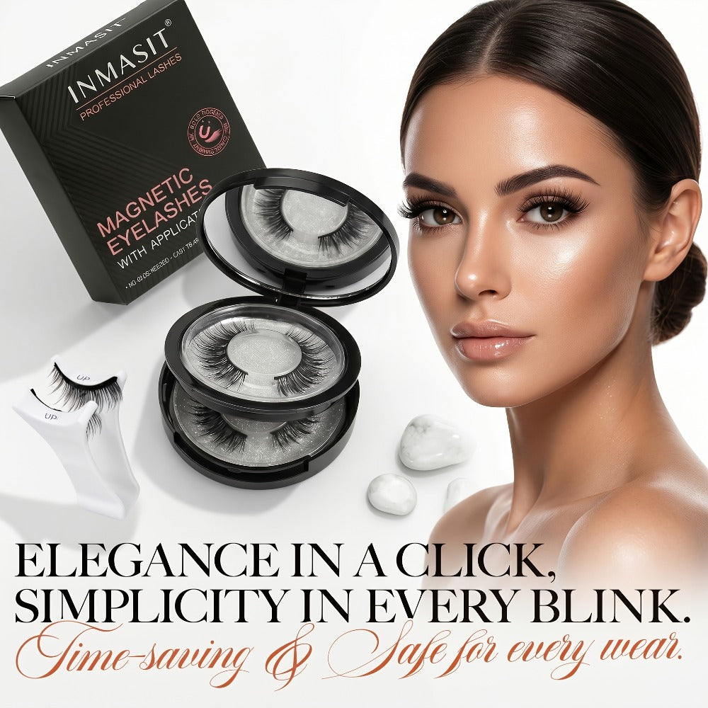 Magnetic Eyelashes Glue-Free Reusable False Lashes – Natural Wispy Fluffy Cat Eye Style, Waterproof & Sweatproof with Applicator & Storage Case, Black & Pink Set for Daily Wear, Parties & Beauty Gifts