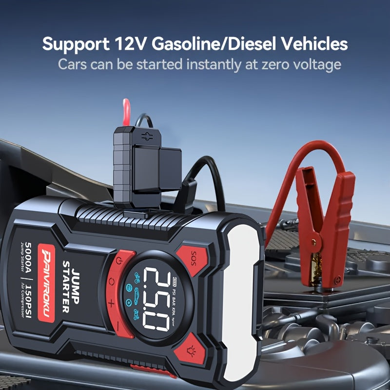 Jump Starter with Air Compressor, 150 PSI Car Air Compressor & 5000A Peak Car Jump Starter (2.64 Gallons Of Gasoline, 2.38 Gallons Of Diesel) with LED Light, Power Bank Function.