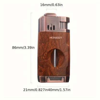 Cigar Torch Lighter with V-Shaped Cigar Cutter Built-in Clip Dual Windproof Jet Flame Visible Gas Window Integrated Cigar Lighter for Men Butane Gas Not Included