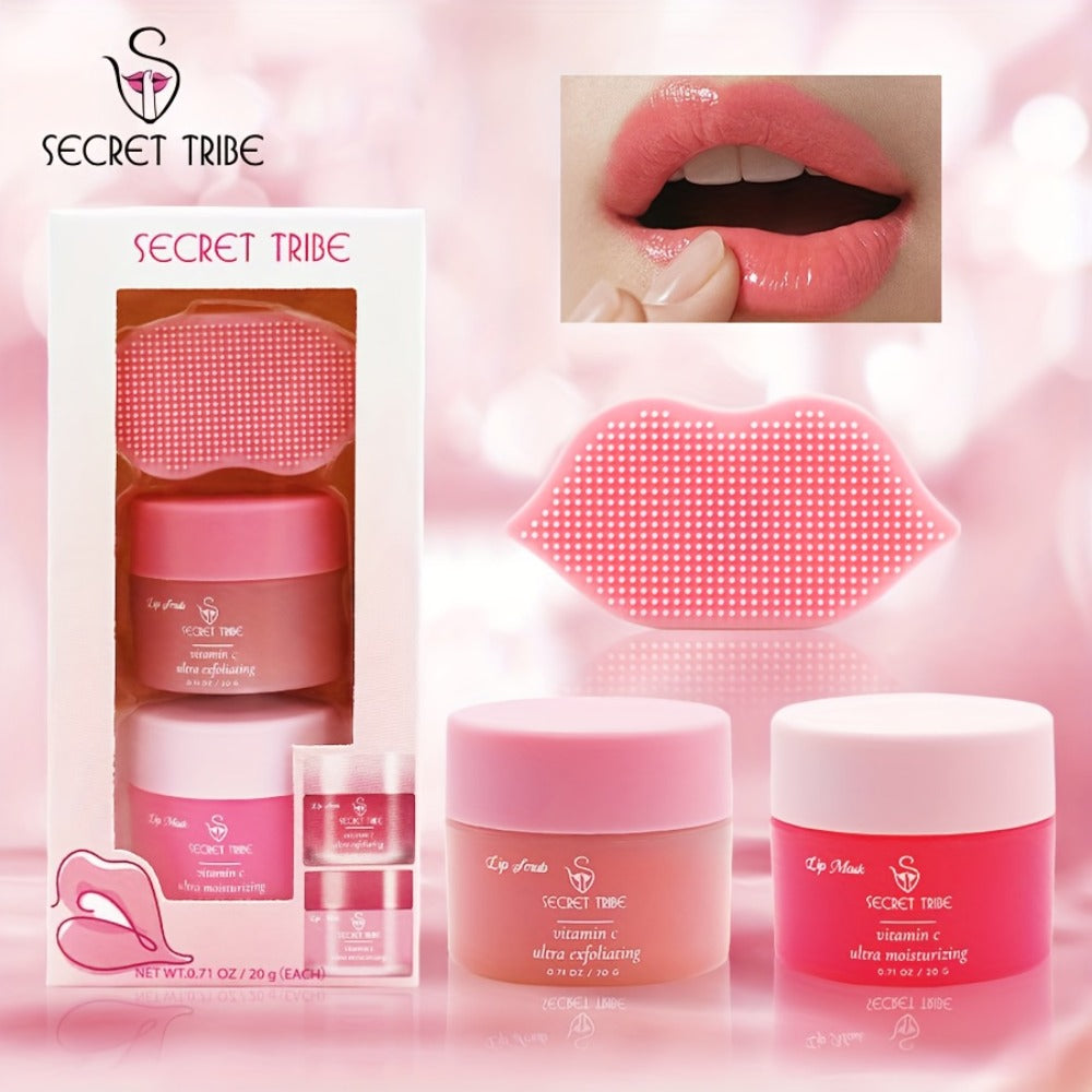 Lip Care Set 3pcs – Lip Mask, Lip Scrub Balm & Lip Brush Kit with Natural Ingredients for Deep Hydration, Exfoliation & Lip Color Enhancement, Strawberry & Peach Scent Gift for Women