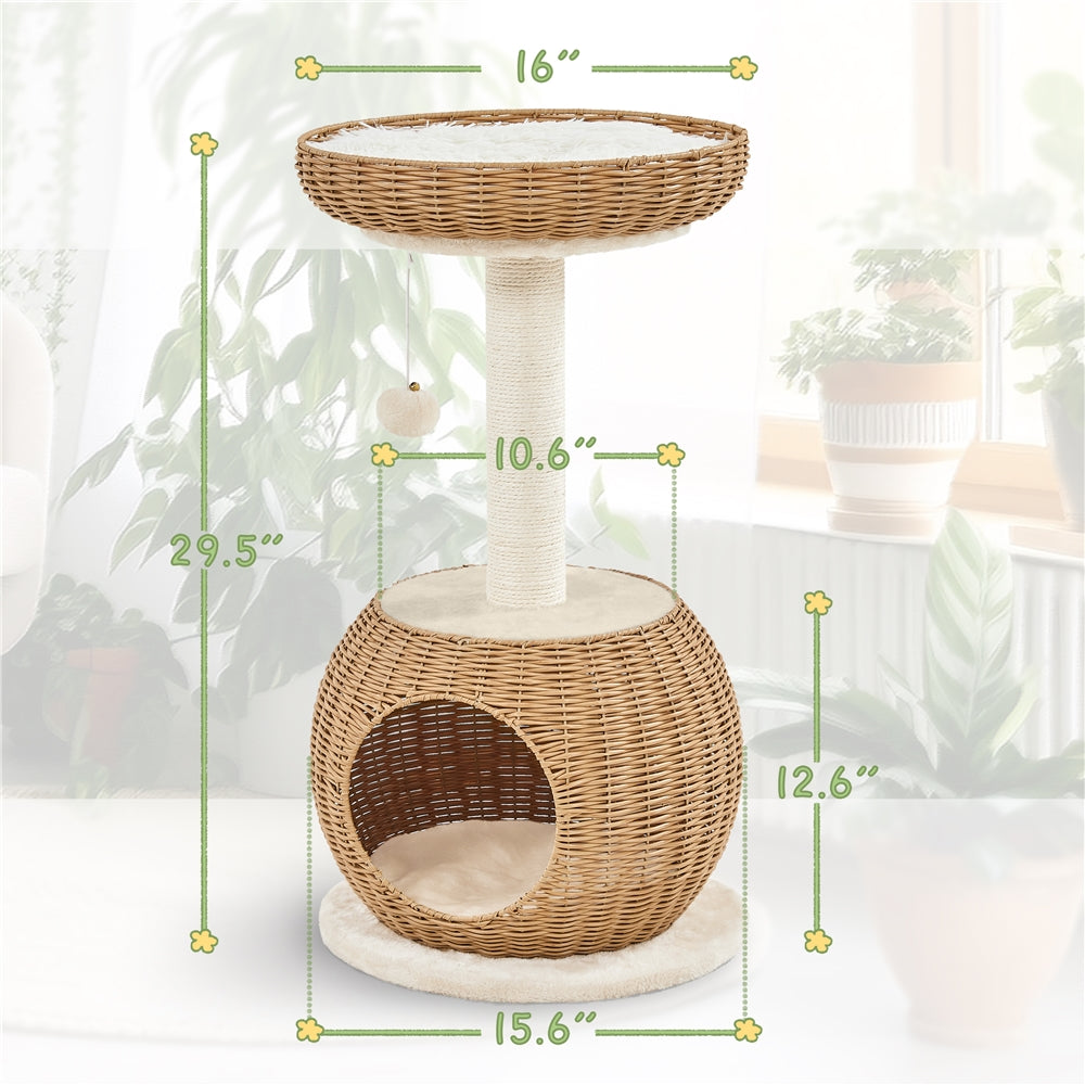 Cat Tree 29.5 Inch Rattan Cat House with Natural Sisal Scratching Post – Woven Cat Condo, Soft Cushion Perch, Hanging Bell Toy, Luxury Cat Furniture for Small to Medium Cats, Beige