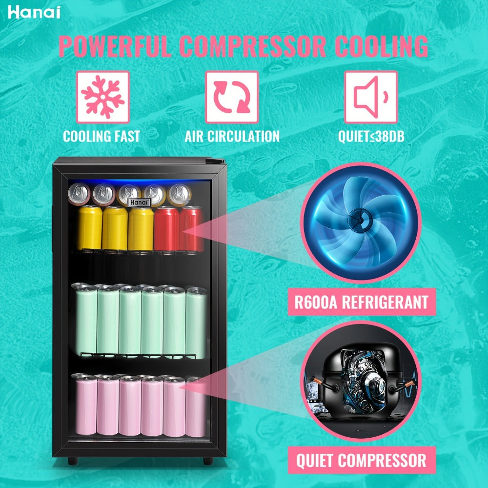 Beverage Refrigerator with Glass Door, Mini Drink Cooler Fridge with Blue LED Light, 3 Adjustable Shelves & R600a Compressor – 1.7 or 3.5 Cu Ft Freestanding Bar Fridge for Home, Office, Dorm and Bar