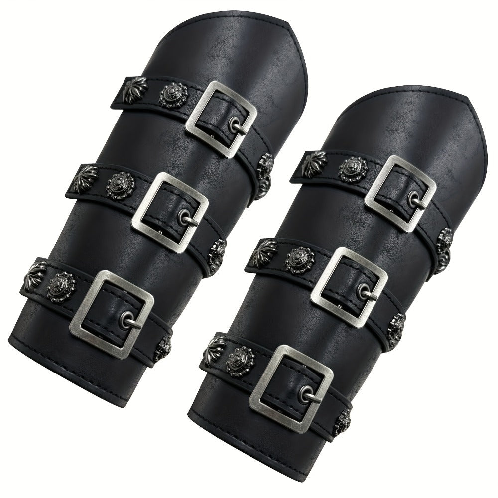 Viking Medieval Leather Arm Guards Bracers – PU Leather Knight Gauntlets Adjustable Metal Buckles Rivets for Men Women Halloween Cosplay LARP Renaissance Fair Stage Costume Dark Brown Khaki Black