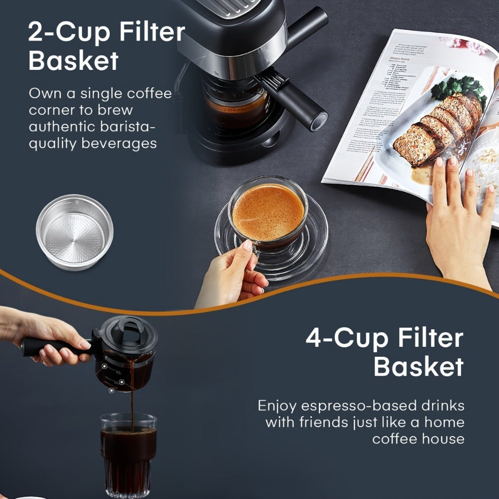 Espresso Machine 3.5 Bar Steam 4 Cup Cappuccino & Latte Maker with Milk Frother – Stainless Steel One-Touch Home Coffee Machine for Espresso, Cappuccino & Latte, Black