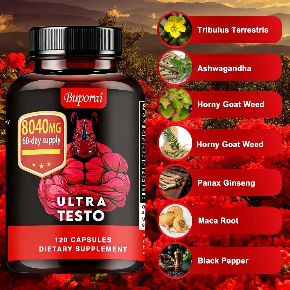 Ashwagandha Tongkat Ali Supplement for Men with Maca Root – Ultra Testo Triple Adaptogen Formula for Testosterone Support, Energy, Stamina & Male Vitality | 120 Capsules | Daily Men's Health Supplement