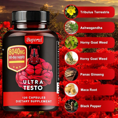 Ashwagandha Tongkat Ali Supplement for Men with Maca Root – Ultra Testo Triple Adaptogen Formula for Testosterone Support, Energy, Stamina & Male Vitality | 120 Capsules | Daily Men's Health Supplement