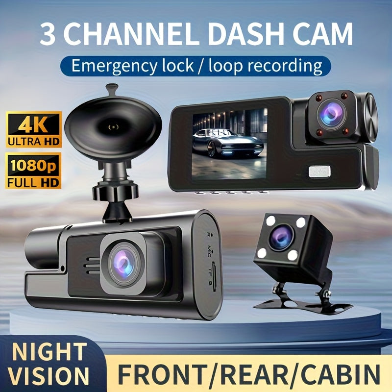 Front 4K And 4K Internal Plus 1080P Rear Free 32GB Memory Card, 3-Channel Driving Recorder, High-Definition Resolution, Ultra-Wide-Angle Reversing Vision, Real-Time Recording, with Airborne Black Box, High-Definition Night Vision, G Sensor